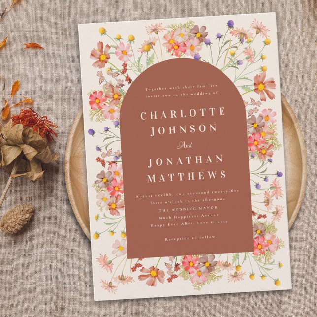 Boho Rustic Floral Burnt Orange Fall Wedding Invitation (Boho rustic floral arch burnt orange terracotta fall wedding invitation elegant modern typography )