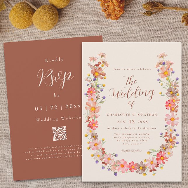 Boho Rustic Floral Fall Wedding Invitation (Boho fall floral wreath qr code wedding invitation burnt orange and beige watercolor autumn flowers)