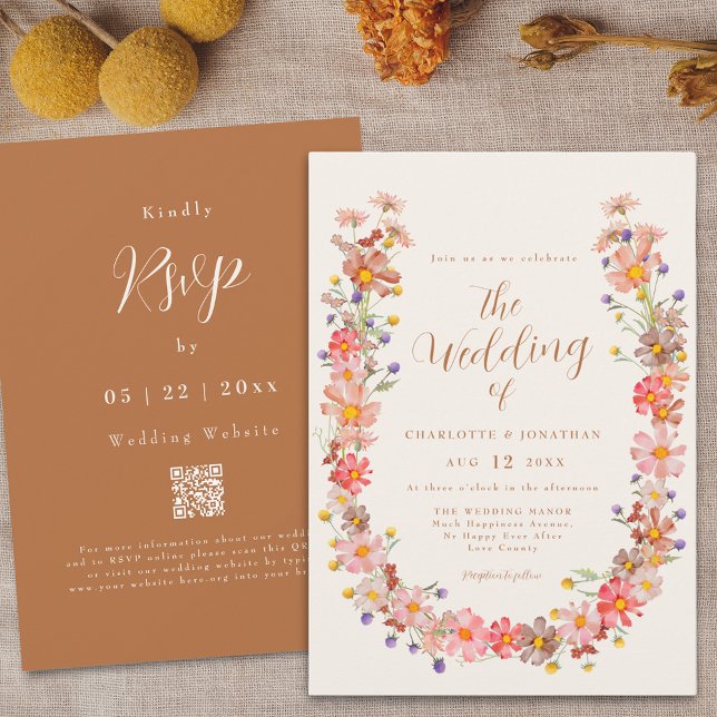 Boho Rustic Floral Fall Wedding Invitation (Boho fall rustic wildflower elegant script qr code wedding invitation watercolor floral wreath )