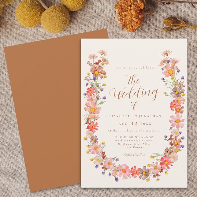 Boho Rustic Floral Fall Wedding Invitation (Boho rustic floral wreath elegant script fall wedding invitation Watercolor wildflowers terracotta )