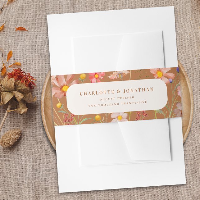 Boho Rustic Floral Fall Wedding Invitation Belly Band (Terracotta beige Boho rustic floral fall custom Wedding belly bands watercolor wildflowers elegant )