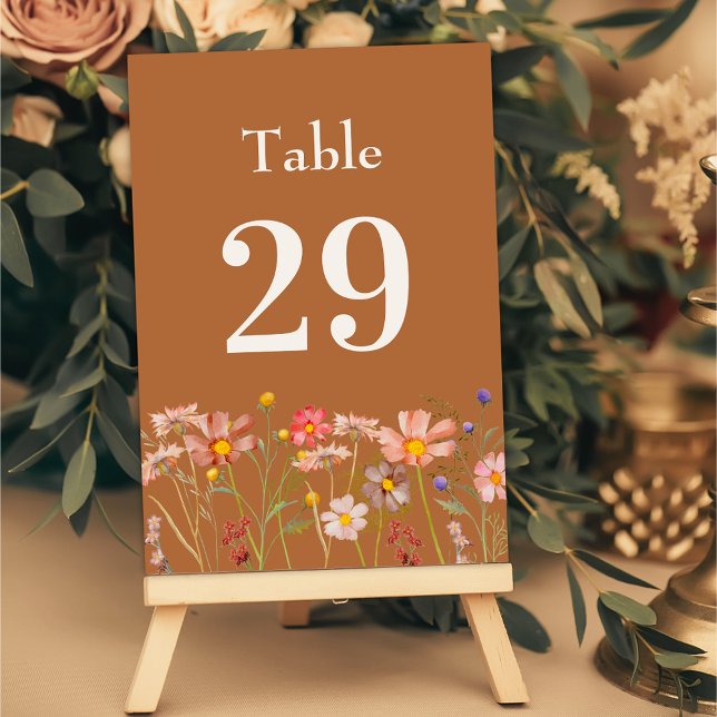 Boho Rustic Floral Fall Wedding Table Number (Modern boho rustic floral fall wedding terracotta burnt orange table number Watercolor wildflowers)