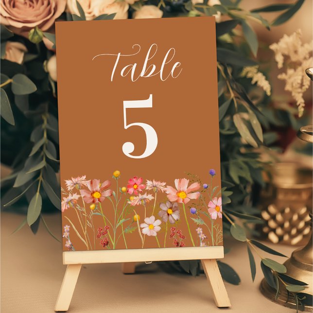 Boho Rustic Floral Fall Wedding Table Number (Elegant Boho rustic floral fall wedding table number terracotta burnt orange watercolor wildflowers)