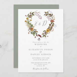 Boho Rustic Floral Heart Sage Green Wedding Invitation