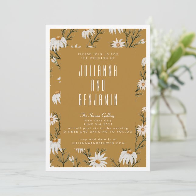 Boho Rustic Floral Mustard Yellow Wedding Invitation (Standing Front)