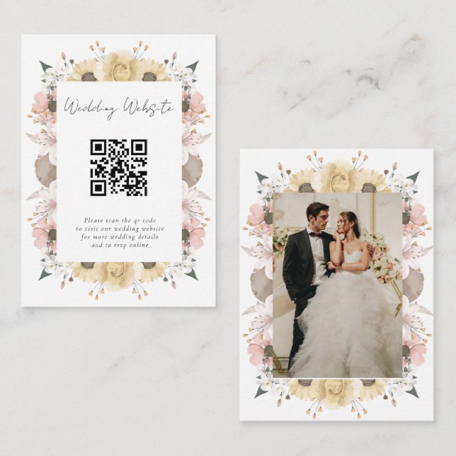Boho Rustic Floral Neutral QR Code Wedding Photo Enclosure Card (Front/Back)