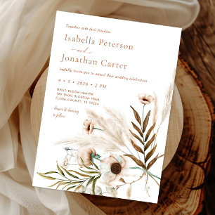 Boho Rustic Floral Pampas Grass Wreath Wedding Invitation