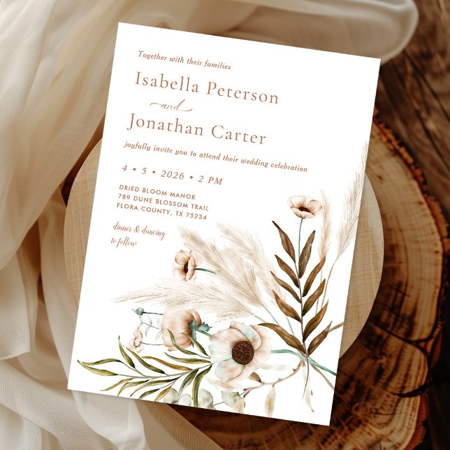 Boho Rustic Floral Pampas Grass Wreath Wedding Invitation (Creator Uploaded)