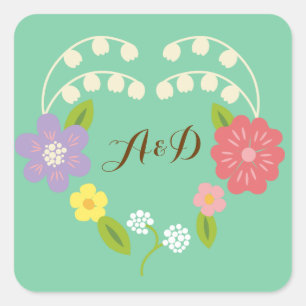 Boho Rustic Floral Wreath Wedding (Mint) Square Sticker