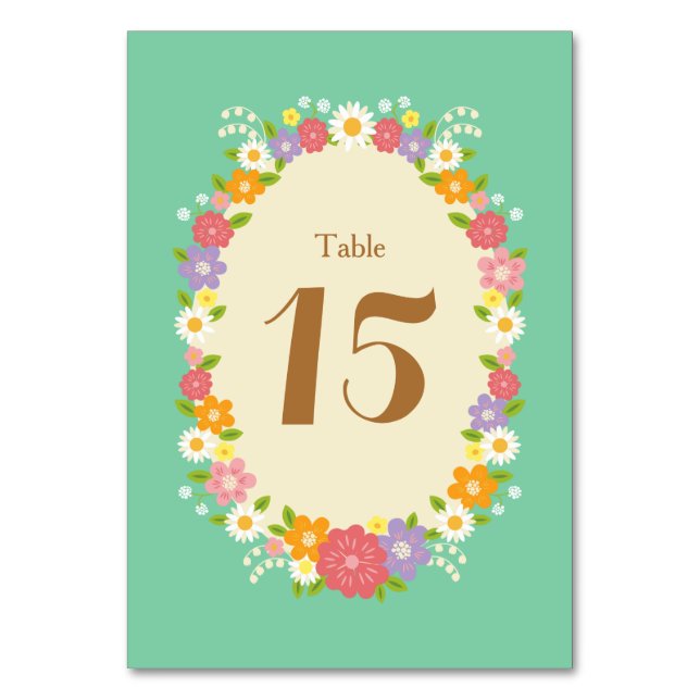 Boho Rustic Floral Wreath Wedding (Mint) Table Number (Front)