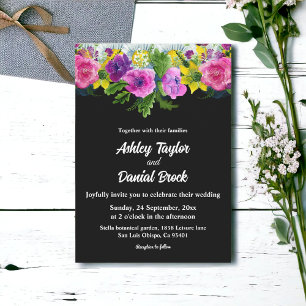 Boho Rustic Flowers Black And White Floral Wedding Invitation