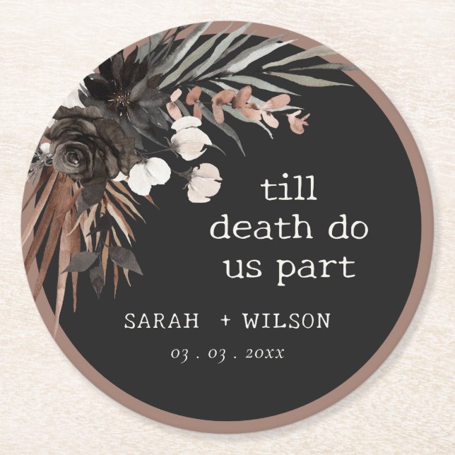 Boho Rustic Gothic Rust Black Botanical Wedding Round Paper Coaster (Front)