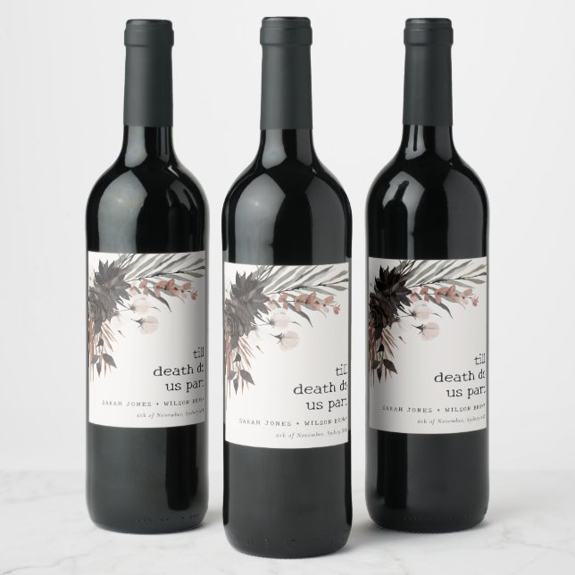 Boho Rustic Gothic Rust Black Botanical Wedding Wine Label (Bottles)