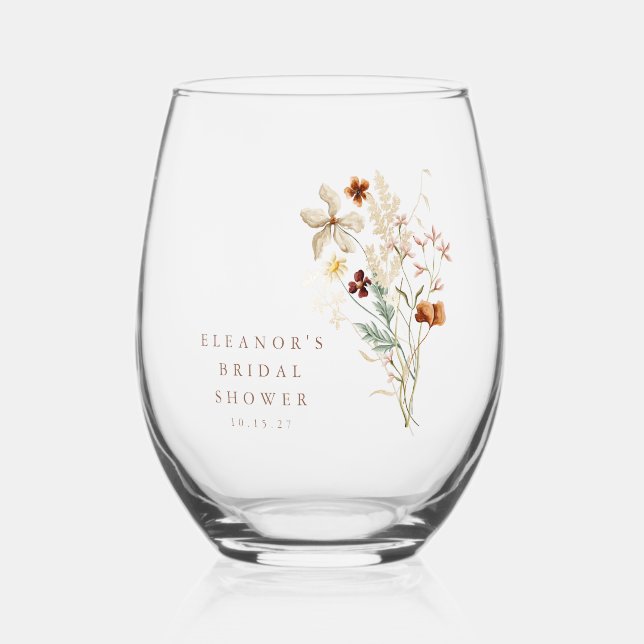 Boho Rustic Meadow Flowers Floral Bridal Shower Stemless Wine Glass (Front)