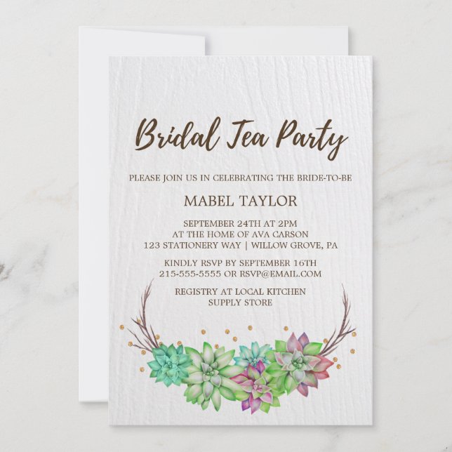 Boho Rustic Mint Floral Succulent Bridal Tea Party Invitation (Front)