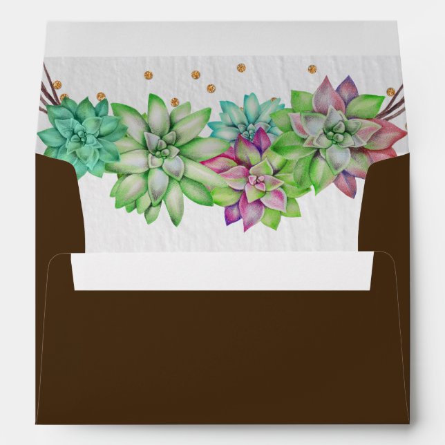 Boho Rustic Mint Floral Succulent Lined Wedding Envelopes (Back (Bottom))