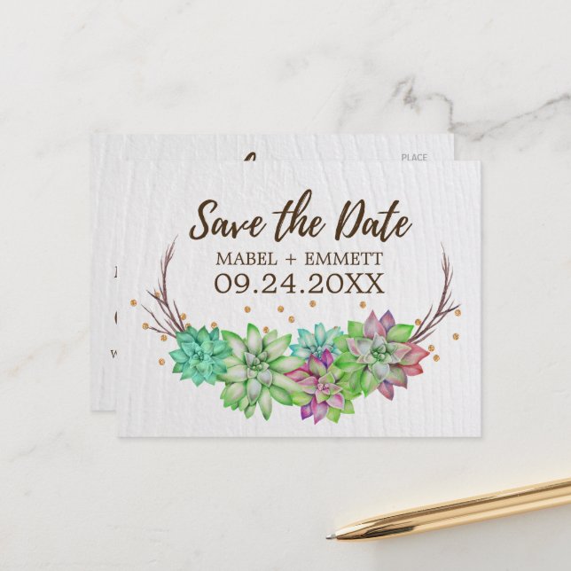 Boho Rustic Mint Floral Succulent Save the Date Announcement Postcard (Front/Back In Situ)