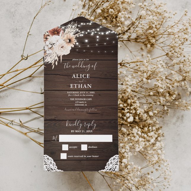 Boho Rustic Neutral Flowers String Lights All In O All In One Invitation (Creator Uploaded)