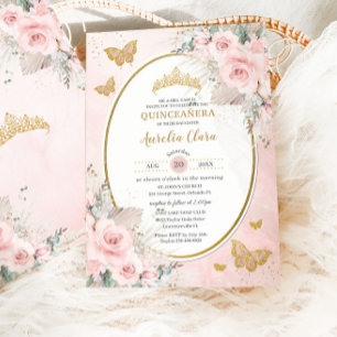 Boho Rustic Pampas Blush Pink Floral Quinceañera Invitation