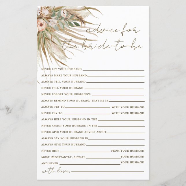 Boho Rustic Pampas Grass Floral Advice for Bride  (Front)