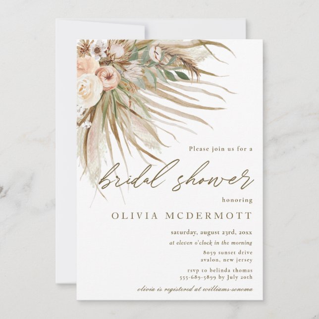 Boho Rustic Pampas Grass Floral Bridal Shower Invi Invitation (Front)