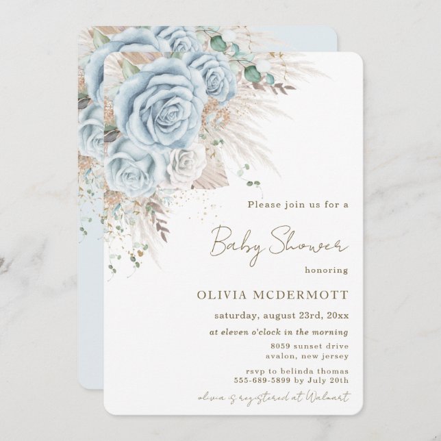 Boho Rustic Pampas Pastel Blue Floral Baby Shower Invitation (Front/Back)