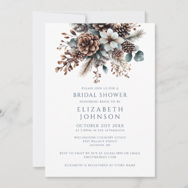 Boho Rustic Pinecone Floral QR Code Bridal Shower Invitation (Front)