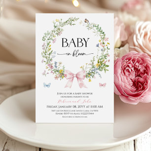 Boho Rustic Pink Bow Baby in Bloom Baby Shower Invitation