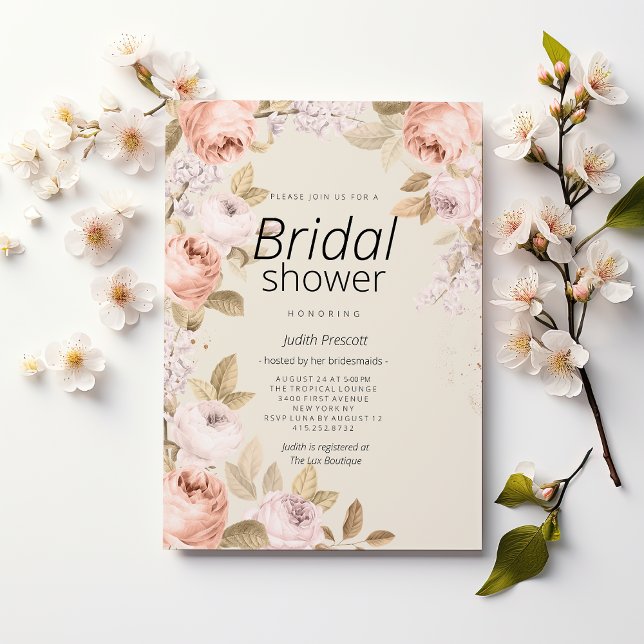 Boho rustic pink coral ivory floral Bridal Shower Invitation (Boho rustic pink coral ivory floral Bridal Shower)