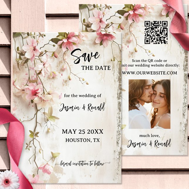 Boho Rustic Pink Floral Photo Save the Date Card (Boho chic wedding Save the Date card featuring loosely painted pink flowers on rustic ivory)
