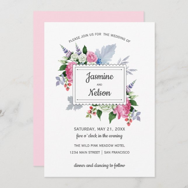 Boho Rustic Pink White Lavender Flowers Wedding Invitation (Front/Back)