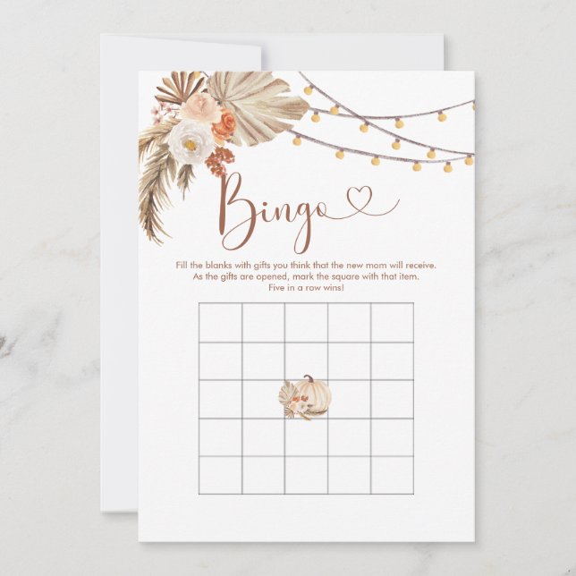 Boho Rustic Pumpkin Fall in Love Baby Shower Bingo Invitation (Front)