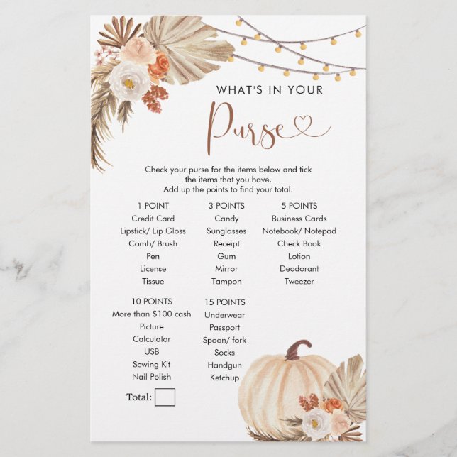 Boho Rustic Pumpkin Fall in Love Purse Game (Front)