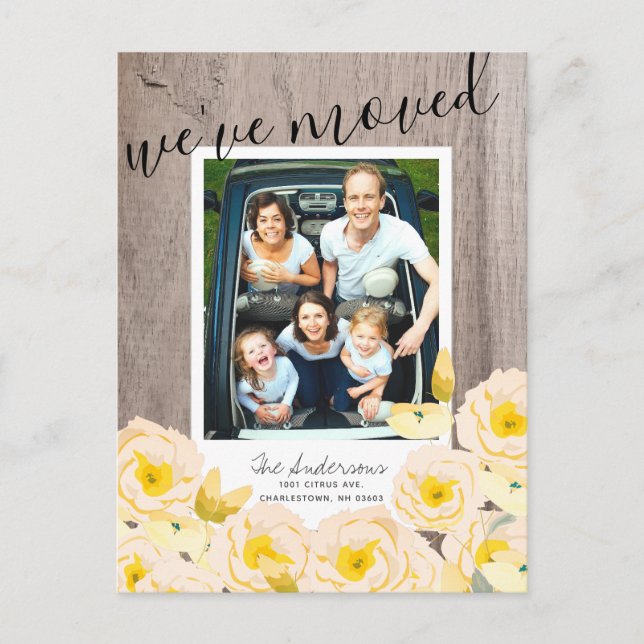 Boho Rustic Rose Floral Wood Photo Moving Announcement Postcard (Front)