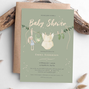 Boho Rustic Sage Gender Neutral Vintage Baby Invitation