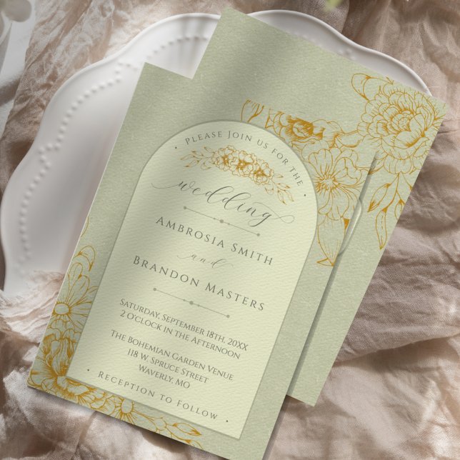 Boho Rustic Sage Green Floral Arch Wedding Invitation (An elegant boho sage green wedding invitation with an arch and gold flower outlines)