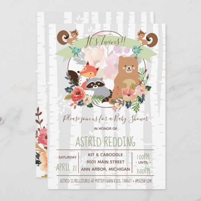 Boho Rustic Spring Birch Woodland Twins Shower Invitation (Front/Back)