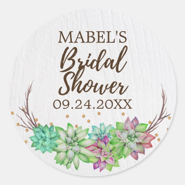 Boho Rustic Succulent Bridal Shower Favour Sticker (Front)