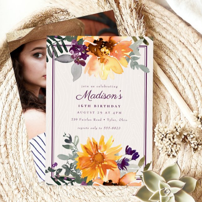 Boho Rustic Sunflower Wildflower Photo Birthday Invitation (Creator Uploaded)