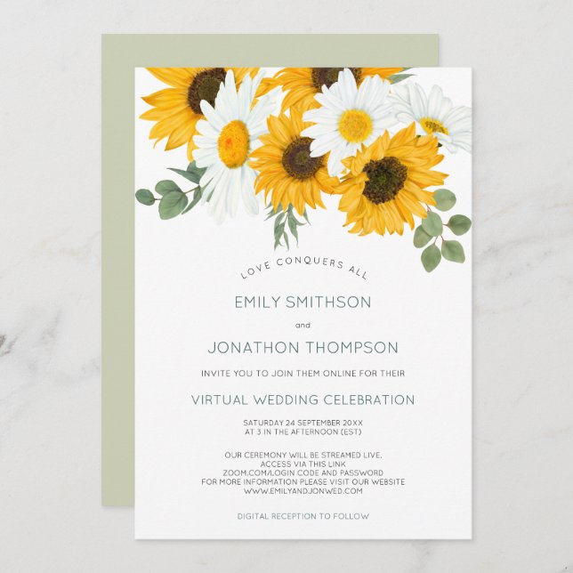 Boho Rustic Sunflowers Leaves Virtual Wedding Invitation (Front/Back)