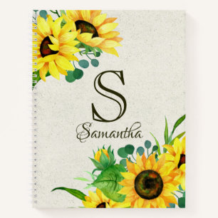 Boho Rustic Sunflowers Monogram Initial Notebook