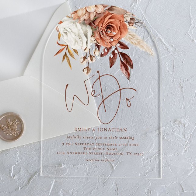 Boho Rustic Terracotta Florals Wedding Acrylic Invitations (Creator Uploaded)