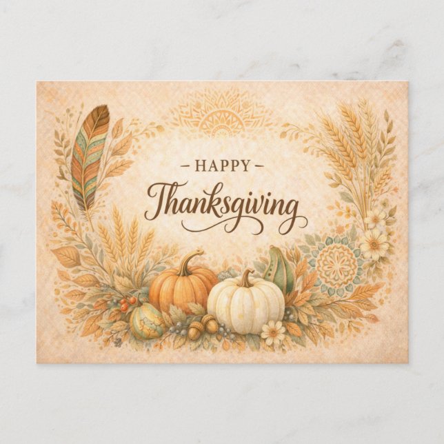 Boho Rustic Thanksgiving Pumpkin Harvest Holiday Postcard (Front)