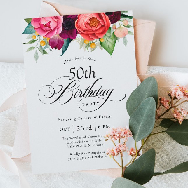 Boho Rustic Watercolor Floral 50th Birthday Party Invitation (Creator Uploaded)