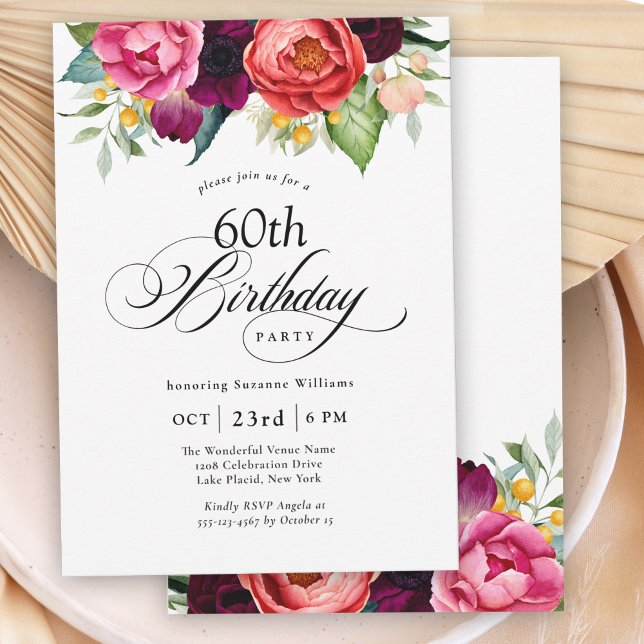 Boho Rustic Watercolor Floral 60th Birthday Party Invitation (Creator Uploaded)