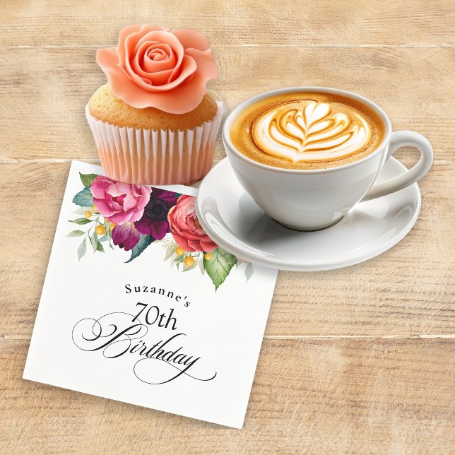 Boho Rustic Watercolor Floral 70th Birthday Party Napkin (Creator Uploaded)