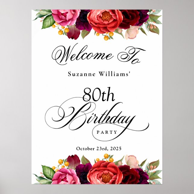 Boho Rustic Watercolor Floral 80th Birthday Party Poster (Front)