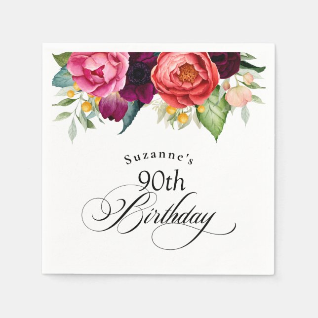 Boho Rustic Watercolor Floral 90th Birthday Party Napkin (Front)
