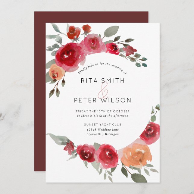 Boho rustic watercolor floral wedding invitation (Front/Back)