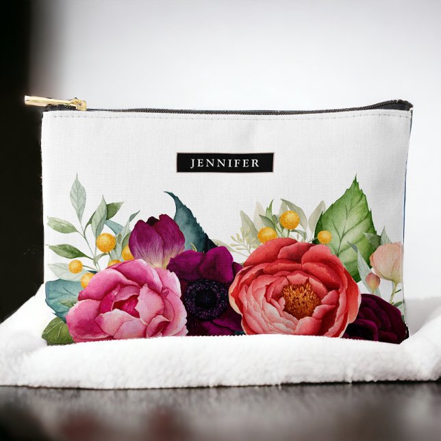 Boho Rustic Watercolor Floral with Name Accessory Pouch (Personalize with a name for a custom gift!)